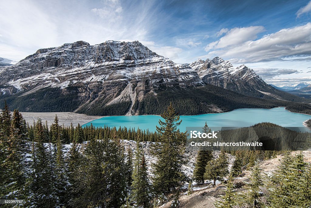Peyto Lake Panoramic Picturesque Peyto Lake, in Banff National Park.Peyto Lake (pea-toe) is a glacier-fed lake located in Banff National Park in the Canadian Rockies. The lake itself is easily accessed from the Icefields Parkway. Alberta Stock Photo
