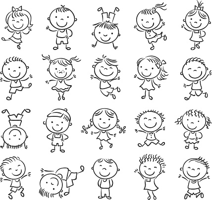 Twenty sketchy happy kids jumping with joy, black and white outline