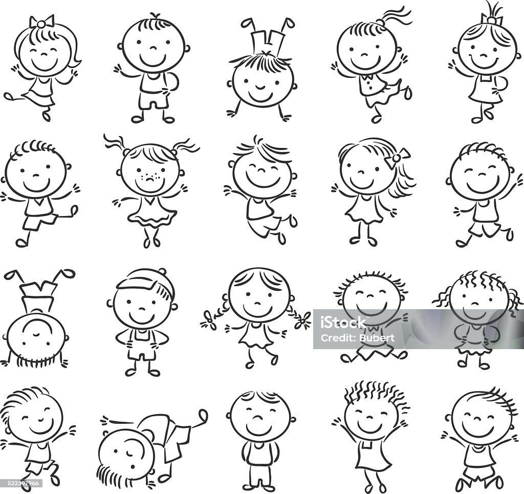 Twenty sketchy happy kids, black and white outline Twenty sketchy happy kids jumping with joy, black and white outline Child stock vector