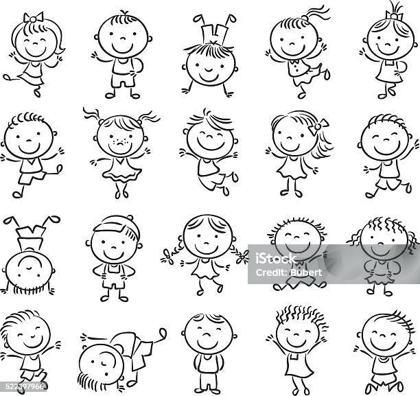 Twenty Sketchy Happy Kids Black And White Outline Stock Illustration - Download Image Now - Child, Doodle, Happiness