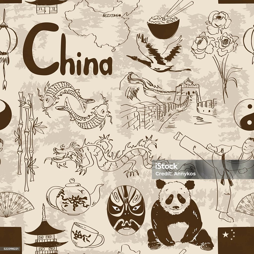 Sketch Chinese seamless pattern Fun retro sketch Chinese seamless pattern Great Wall Of China stock vector