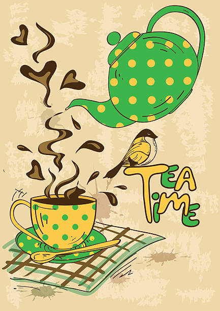 tea-party-einladung mit teekanne und teetasse - tea cup coffee cup teapot domestic kitchen stock-grafiken, -clipart, -cartoons und -symbole