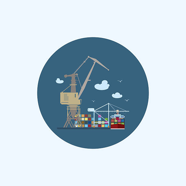 ilustrações, clipart, desenhos animados e ícones de ícone com colorido navio de carga de carga contêiner e crane, ilustração vetorial - commercial dock global communications jetty oil tanker