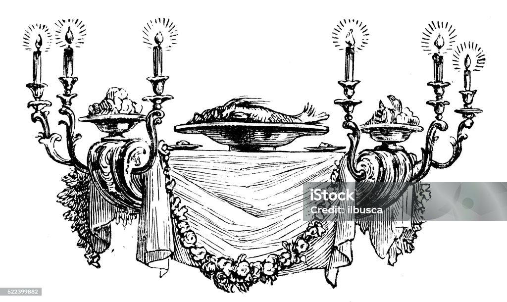 Antique illustration of table-shaped chandelier: Antique illustration of cul-de-lampe (French book ornament with a peculiar roughly triangle shape, usually put at the bottom of a page, a book or chapter) depicting a table-shaped chandelier: six candles (with flame) around a set table with draped  tablecloth with two small cups and a dish with a fish on it Place Setting stock illustration