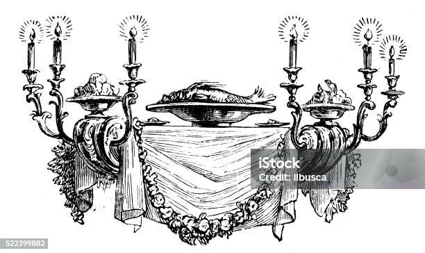 Antique Illustration Of Tableshaped Chandelier Stock Illustration - Download Image Now - Place Setting, Drawing - Art Product, Candle