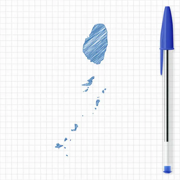 Vector illustration of Saint Vincent and Grenadines map sketch, grid paper, blue pen