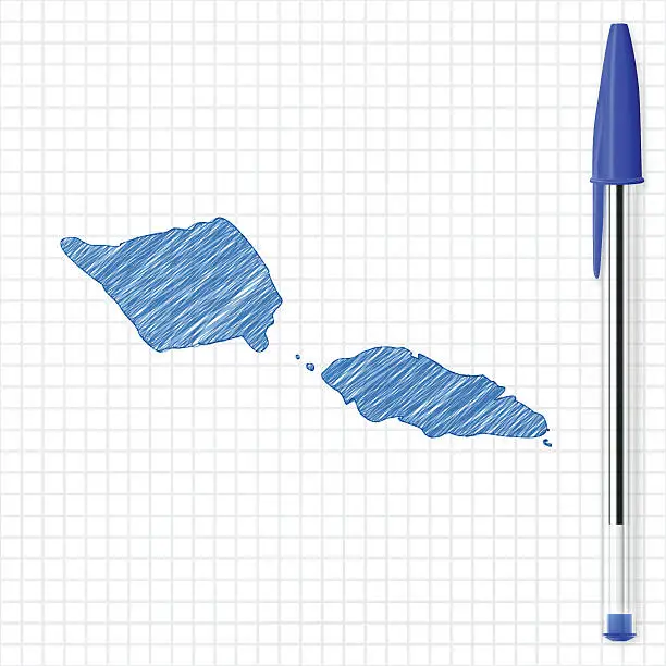Vector illustration of Samoa map sketch on grid paper, blue pen