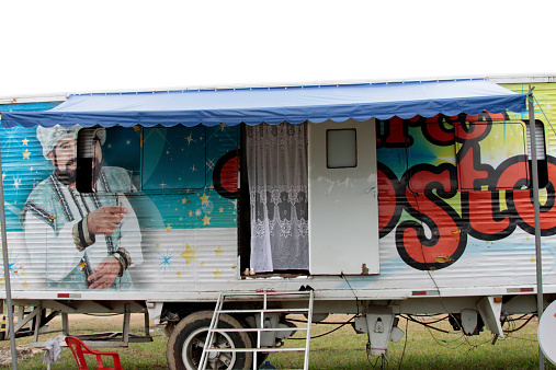 Florianópolis, SC, Brazil - November 6, 2014: view of the motorhome parked circus, with the door open showing a white curtain.