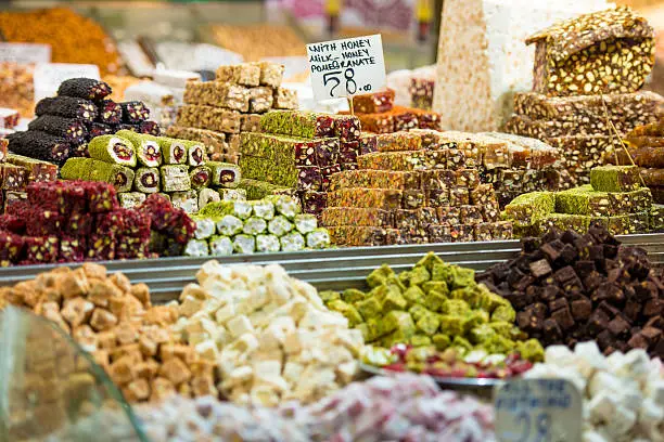 A lot of different organic, turkish delight sweets, made of honey.