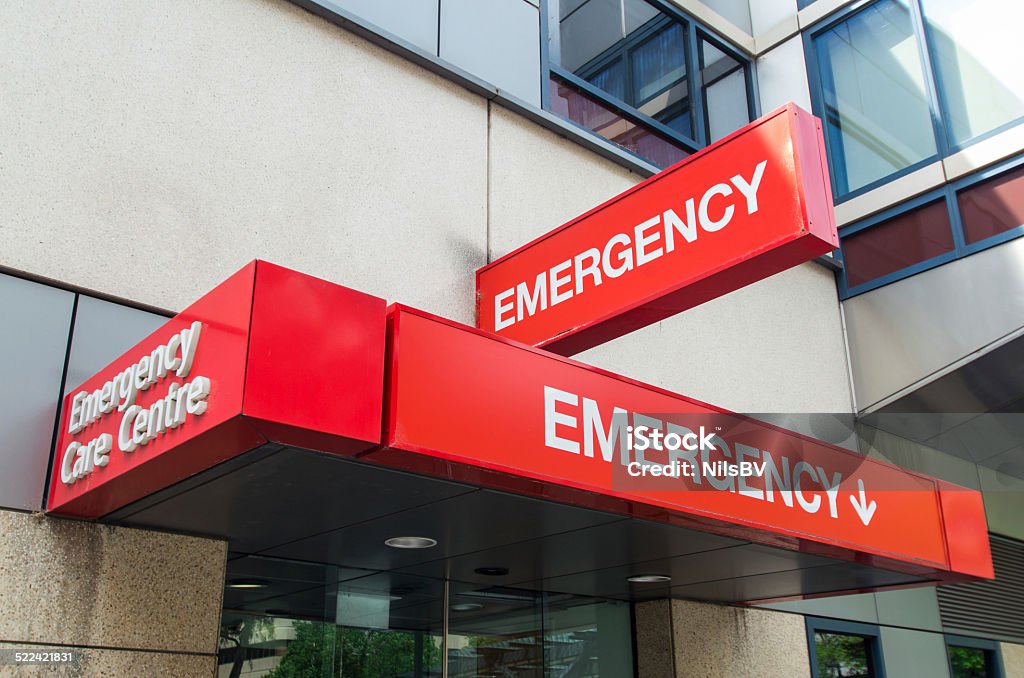 Hospital emergency department entrance Entrance to hospital emergency department at St Vincent's Hospital in Melbourne, Australia.  The sign is red with the word EMERGENCY prominently displayed. It can be used to illustrate various healthcare, medical and emergency concepts, from afflictions such as stroke or heart attack, diseases such as HIV or cancer, and accidents such as road trauma or sporting injury. Emergency Room Stock Photo