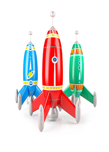 istock Multi colored metal rockets, vintage missile toy 522423389