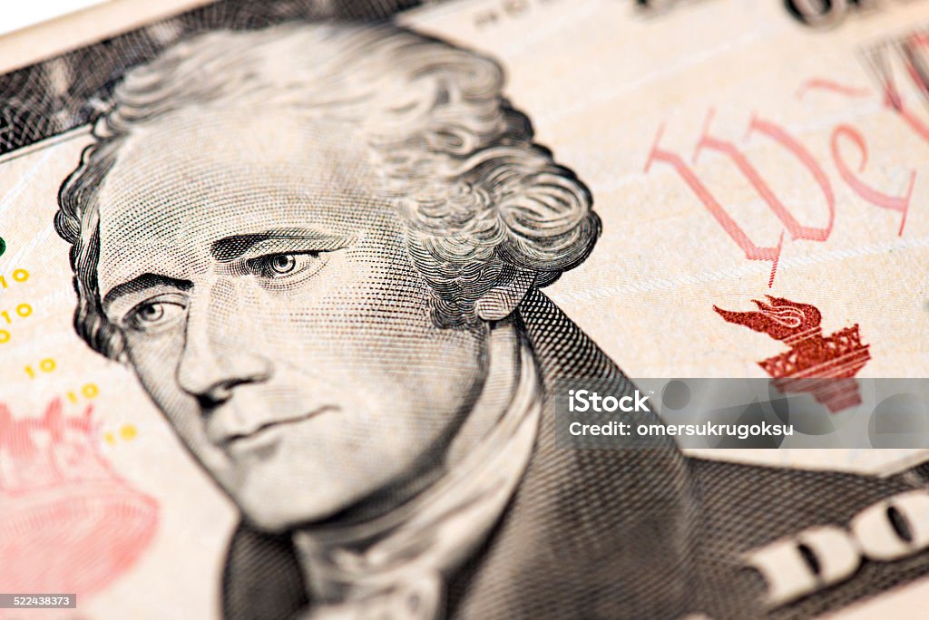 Alexander Hamilton Macro of image the face of Alexander Hamilton on the Ten American Dollar Bill. Selective focus.  Alexander Hamilton - Politician Stock Photo