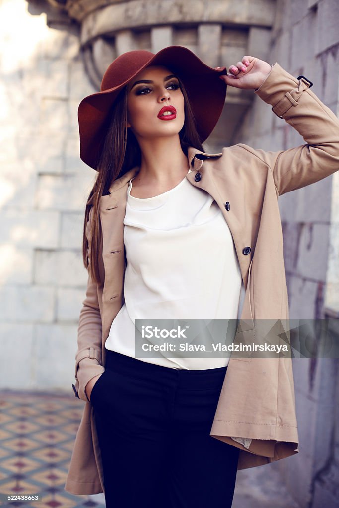 beautiful ladylike woman in elegant clothes posing in autumn park fashion outdoor photo of beautiful woman with dark straight hair and bright makeup,wearing elegant clothes and posing in autumn park Adult Stock Photo