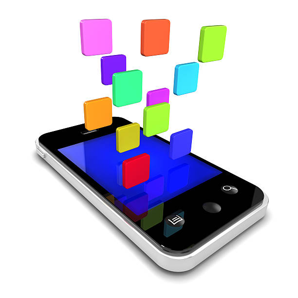 istock 3d App icons float off the screen of smartphone 522439151