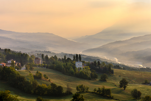 Upper Valley of Ceno at sunrise. Bardi, Parma province.