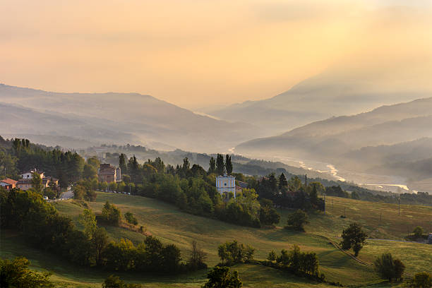 Emilia-Romagna, Italy Upper Valley of Ceno at sunrise. Bardi, Parma province. emilia romagna photos stock pictures, royalty-free photos & images
