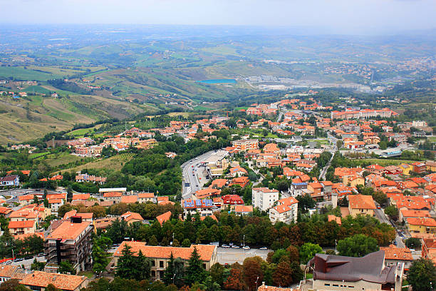 Panoramic view on the mountain Monte Conero and the Adriatic Sea. Loreto, Italy.Panorama top view, San Marino dramatic sky