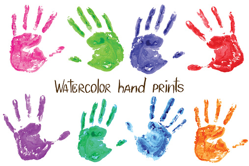 Colorful hand drawn collection of isolated watercolor hand print