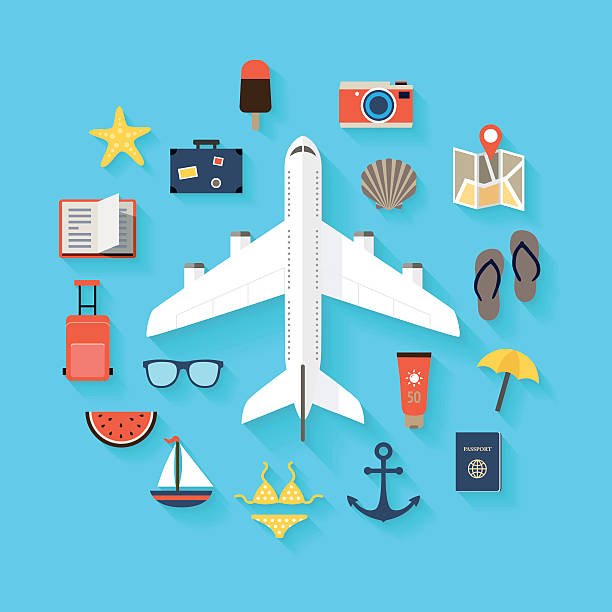 ilustrações de stock, clip art, desenhos animados e ícones de verão viajar fundo-ícones - packing bag travel