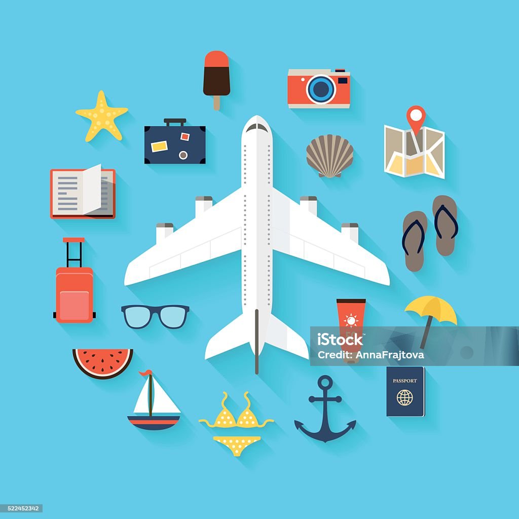 Summer Travel Background - Icons Flat design background with icons representing summer, plane travelling, relaxation on the beach, leisure time. Travel stock vector