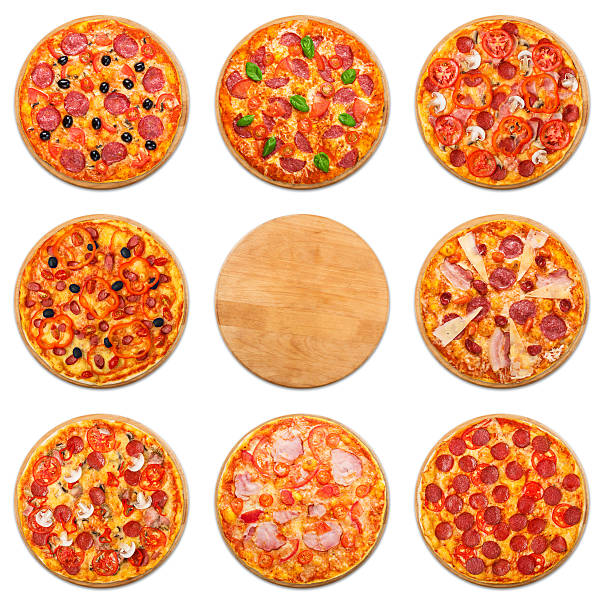 Pizza set with wooden desk copyspace isolated