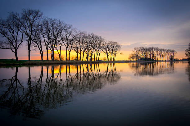Sunset over a lake with a row of trees in the background at the end of an early spring day.