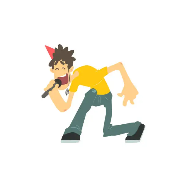 Vector illustration of Guy With Spiky Hair Singing In Karaoke