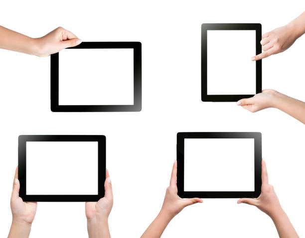 istock female teen hands using tablet pc with white screen, isolated 522454246