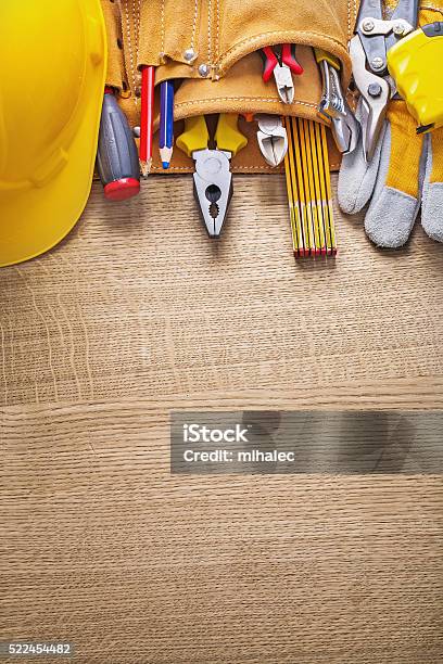Copyspace Image Working Tools In Toolbelt On Wooden Board Stock Photo - Download Image Now
