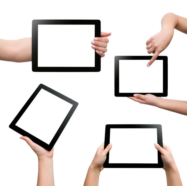 istock female teen hands using tablet pc with white screen, isolated 522454740