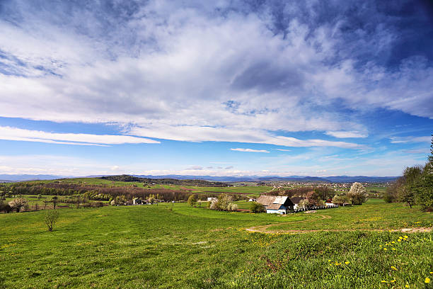 istock Spring green hills blooming. Valley behind the foothills 522454776