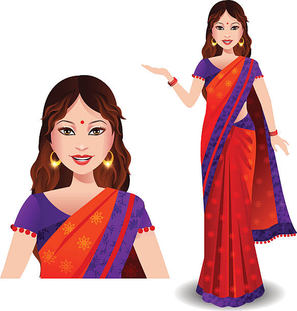 Indian woman wearing a beautiful traditional beautiful saree An Indian woman with long curly hair wearing a beautiful traditional saree and displaying something hairstyle bride jewelry women stock illustrations