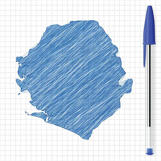 Vector illustration of Sierra Leone map sketch on grid paper, blue pen