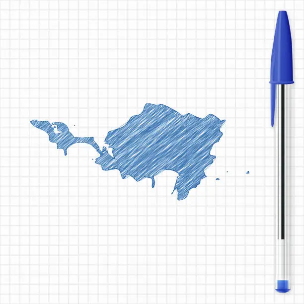 Vector illustration of Sint Maarten map sketch on grid paper, blue pen