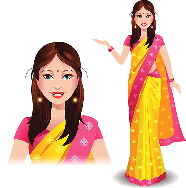 illustrazioni stock, clip art, cartoni animati e icone di tendenza di indiana moderna donna in una bellissima saree tradizionale - saree