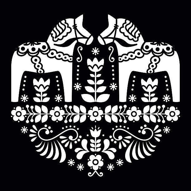 шведская dala или daleclarian лошадь цветочным рисунком на черном фолк - dala horse stock illustrations