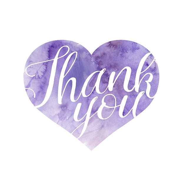 Heart shape filled by violet hand painted watercolor texture, with text Thank You, raster illustration, isolated on white background