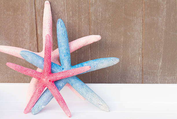 istock red and blue starfish  on wooden board 522459312