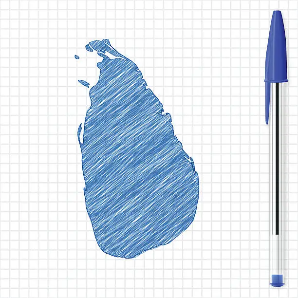 Vector illustration of Sri Lanka map sketch on grid paper, blue pen