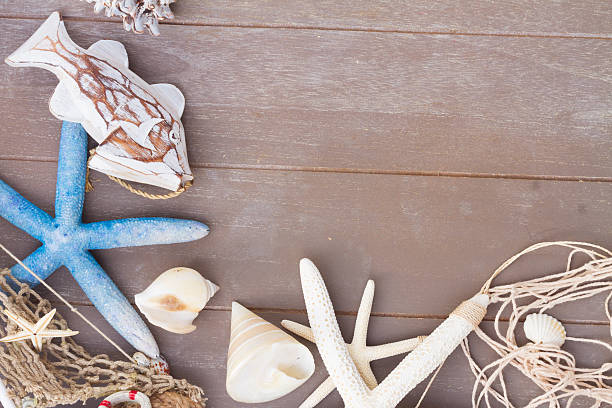 istock starfish and sea shells on wooden board 522459584