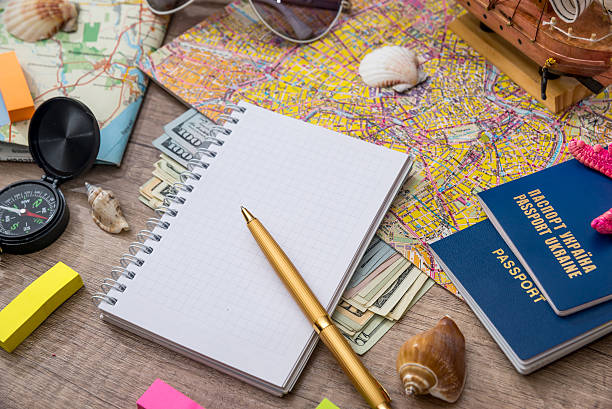 istock map, passport, money, notebook and compass on wooden table 522461760