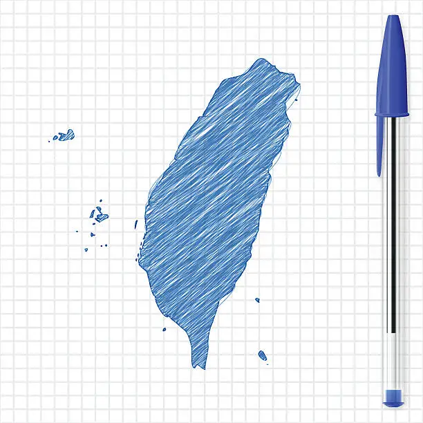 Vector illustration of Taiwan map sketch on grid paper, blue pen