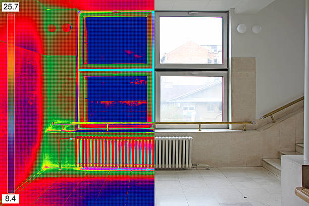 Thermal and real Image of Radiator Heater Infrared Thermal and real Image of Radiator Heater and a window on a building leaked pictures stock pictures, royalty-free photos & images
