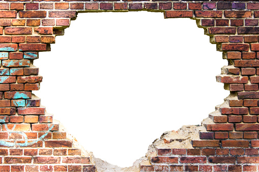 Wall of red bricks with a huge white hole in it, isolated on white