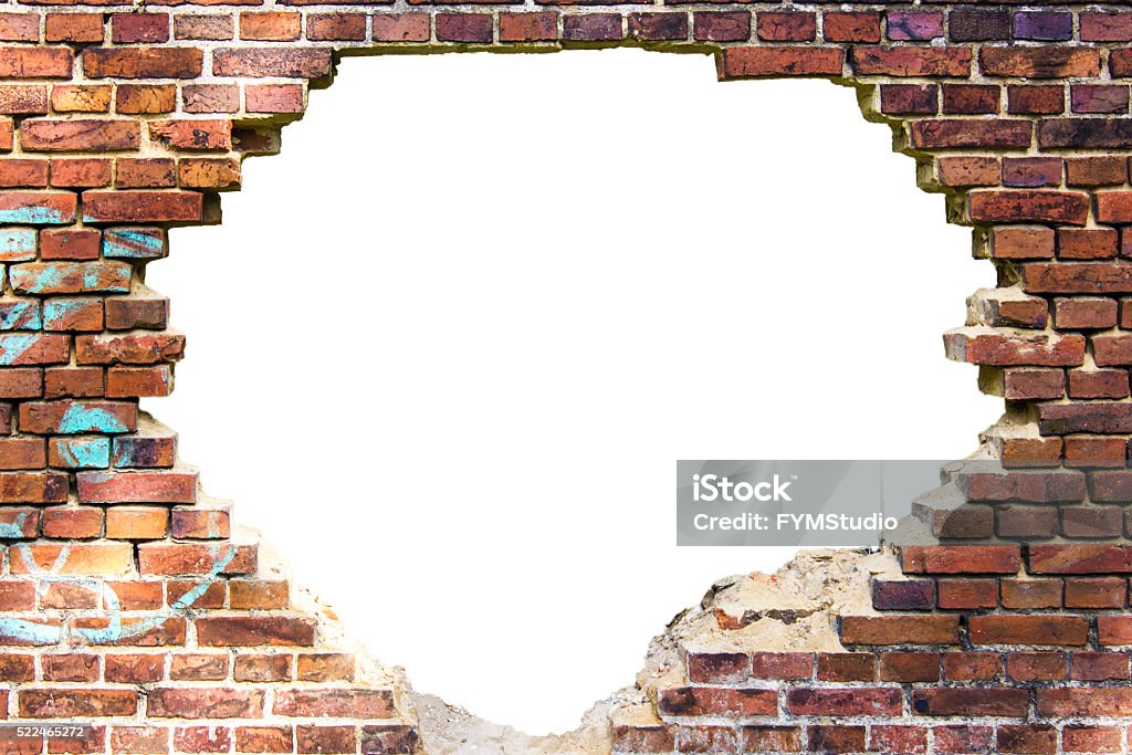 White hole in the old brick wall Wall of red bricks with a huge white hole in it, isolated on white Brick Wall Stock Photo