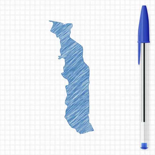Vector illustration of Togo map sketch on grid paper, blue pen