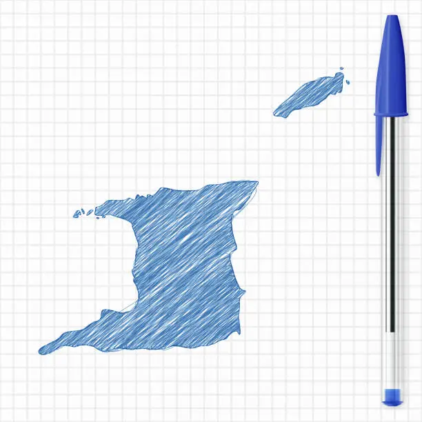 Vector illustration of Trinidad and Tobago map sketch on grid paper, blue pen