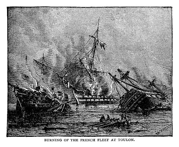 Burning Of The French Fleet At Toulon Burning Of The French Fleet At Toulon sinking ship pictures pictures stock illustrations