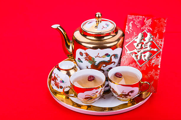 istock Chinese tea set with envelope bearing the word double happiness 522467254