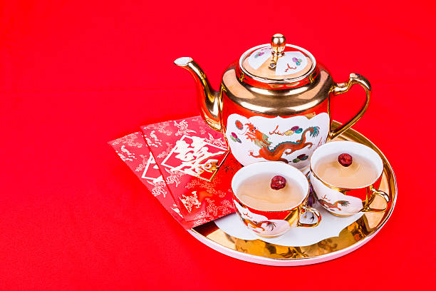 istock Chinese tea set with envelope bearing the word double happiness 522467356